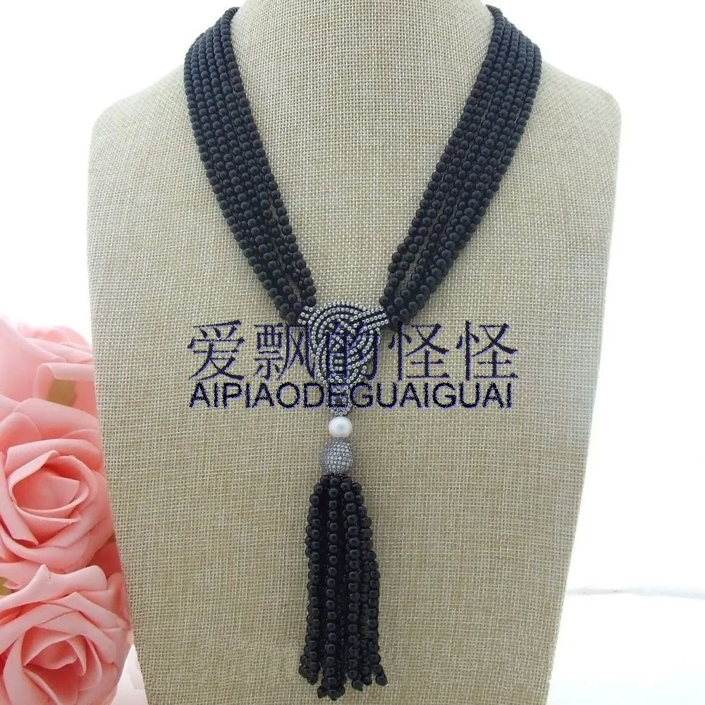 

20" 6 Strands White Pearl Round Onyx Necklace CZ Pendant