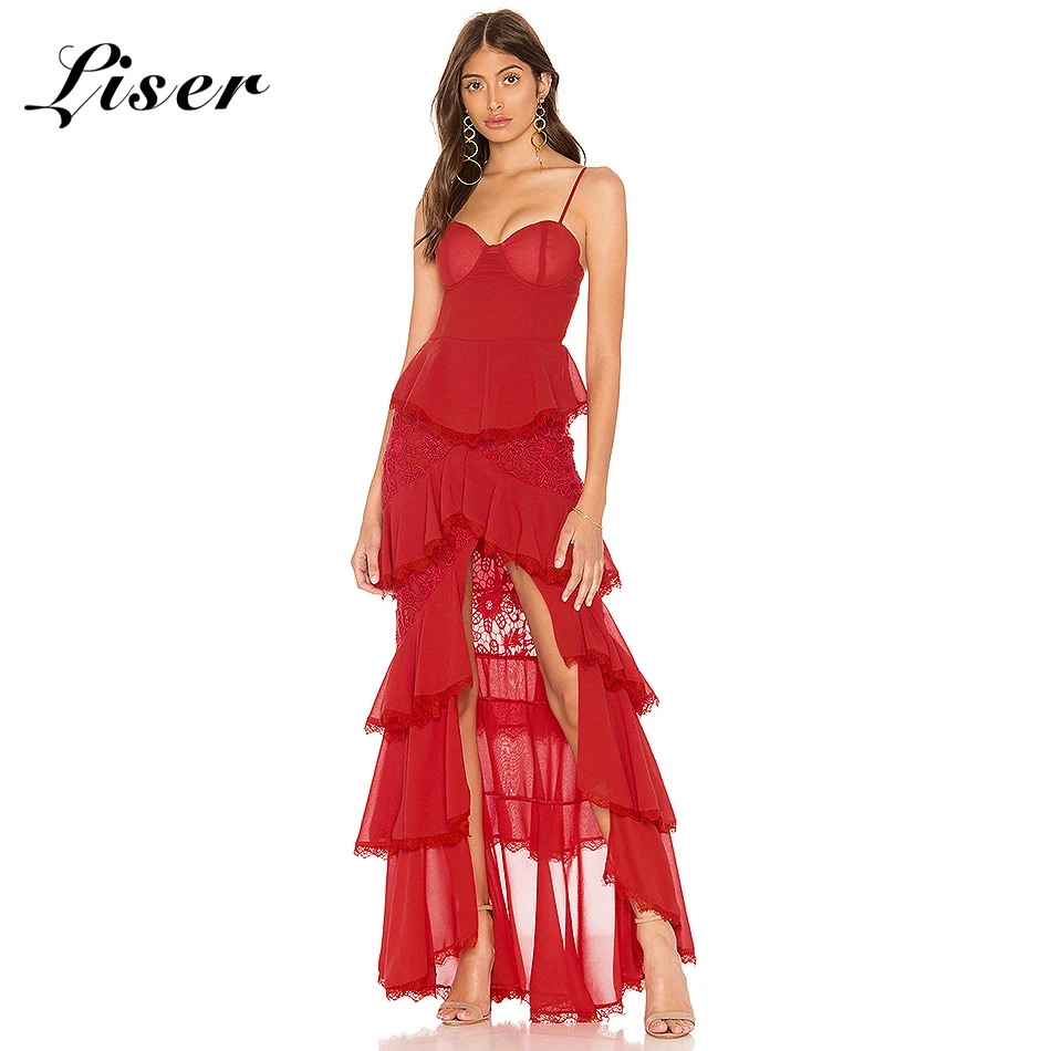 

Liser 2018 New Summer Women Dress Strapless Ruffles Lace Bandage Dress Sexy Bodycon Elegant Celebrity Party Red Dresses Vestidos