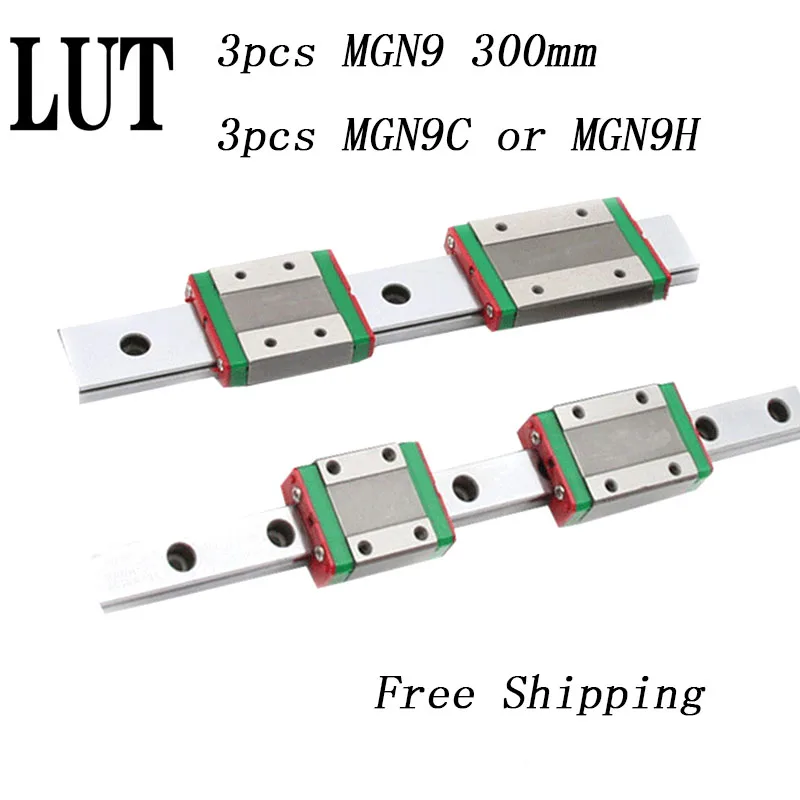 

High quality 3pcs 9mm Linear Guide MGN9 L= 300mm linear rail way + MGN9C or MGN9H Long linear carriage for CNC XYZ Axis