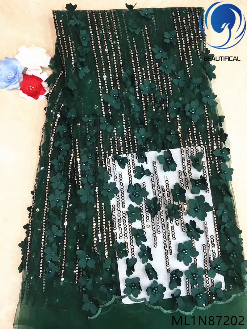 

Beautifical french lace fabrics Fashion design army green 3d flowers lace fabric net lace with sequins fabric 5yards ML1N872