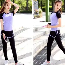 2 в 1 спортивные костюмы для женщин Йога Костюм спортивный бюстгальтер рукав футболка бег спортивные брюки быстросохнущая Йога набор