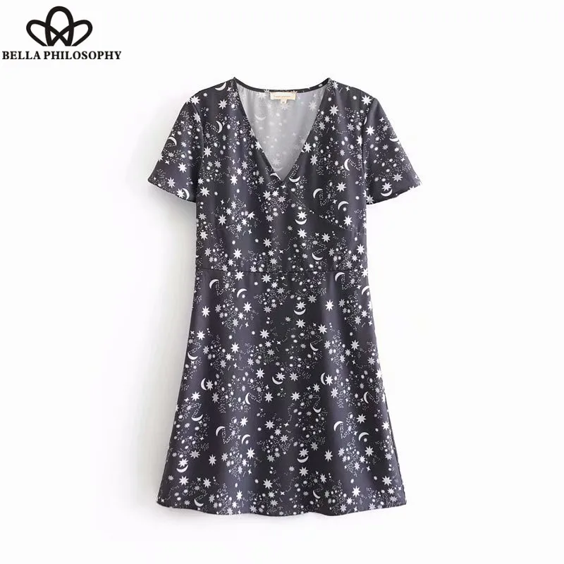 Wonder 2018 new vintage sexy deep v neck stars print mini dress retro short sleeve vestidos ladies beach wear casual slim dress