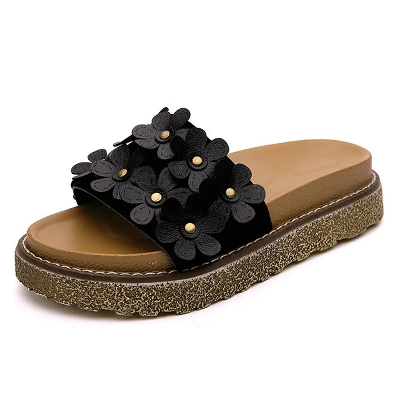 

2019 Women Summer Slippers Platform Shoes Sweet Flowers Flat Slippers Casual Beach Slides Female Non-slip Shoes XWT1152