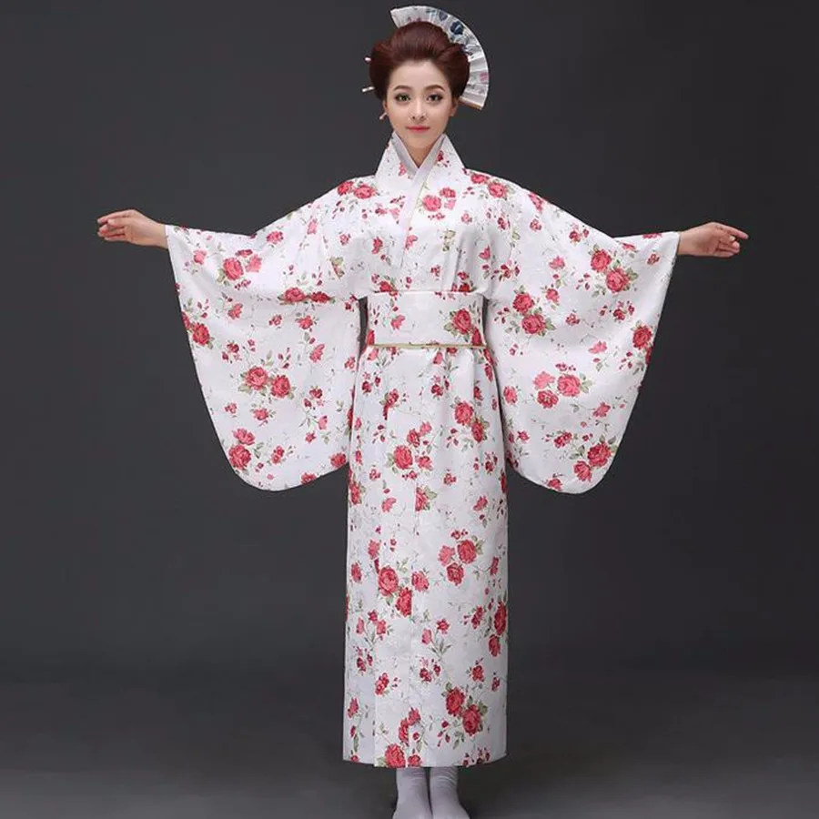 Белый японский для женщин Винтаж Оригинальный юката традиционные кимоно с Оби классический Вечеринка платье один размер