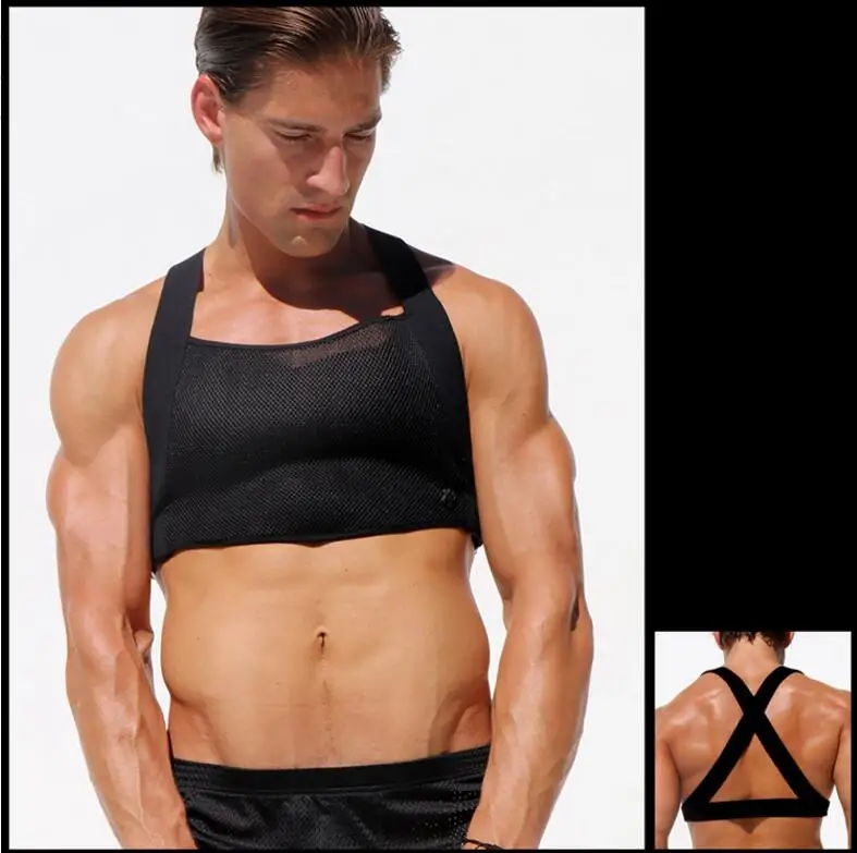 

Men's sexy mesh waistcoat, half-cut vest, transparent mesh back strap stage show bar stage bottom