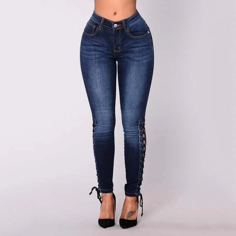 ZEBERY Skinny Pencil Jeans Stretched Lace up Casual Mid Waist Women's ...