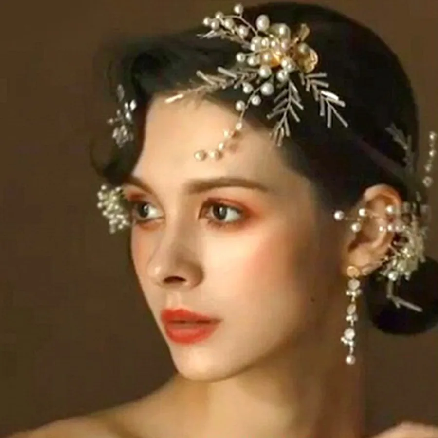 Bride Hairpiece Sets Golden Flower Side Hair Clip Earring Wedding Accessories | Украшения и аксессуары