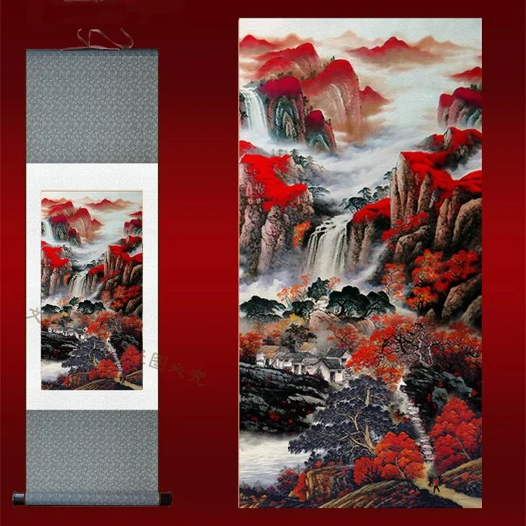 

Chinese Silk Watercolor ink waterfall art mountain sunrise Landscape Feng Shui canvas wall picture damask framed scroll painting