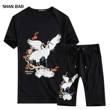 Новые модные летние короткие комплекты мужские повседневные Вышивка с Журавлями костюмы для мужчин китайский стиль мужской наборы футболка+ штаны 5XL