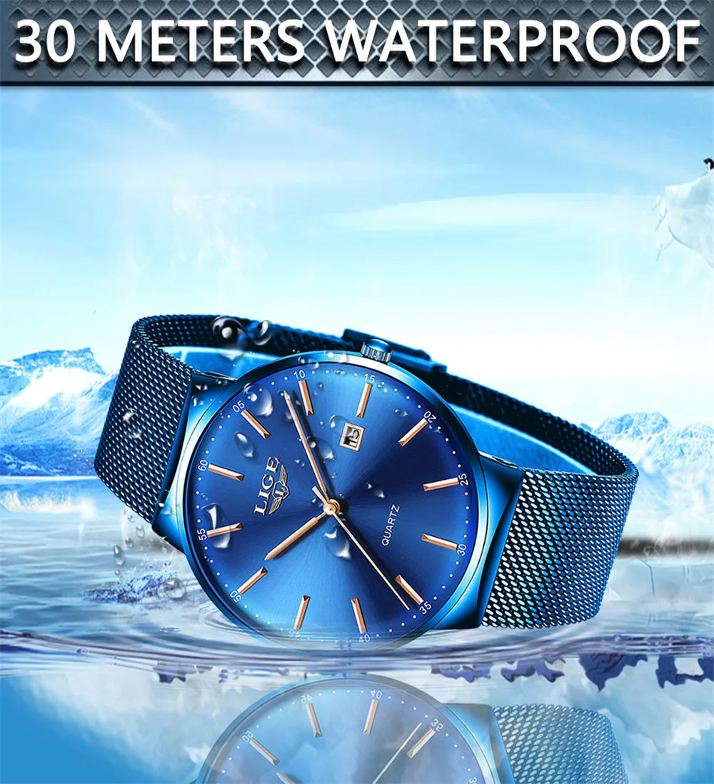 LIGE Лидирующий бренд новые ультра тонкие модные кварцевые мужские часы Роскошные Синие водонепроницаемые часы ремешок из нержавеющей стали Relogio Masculino