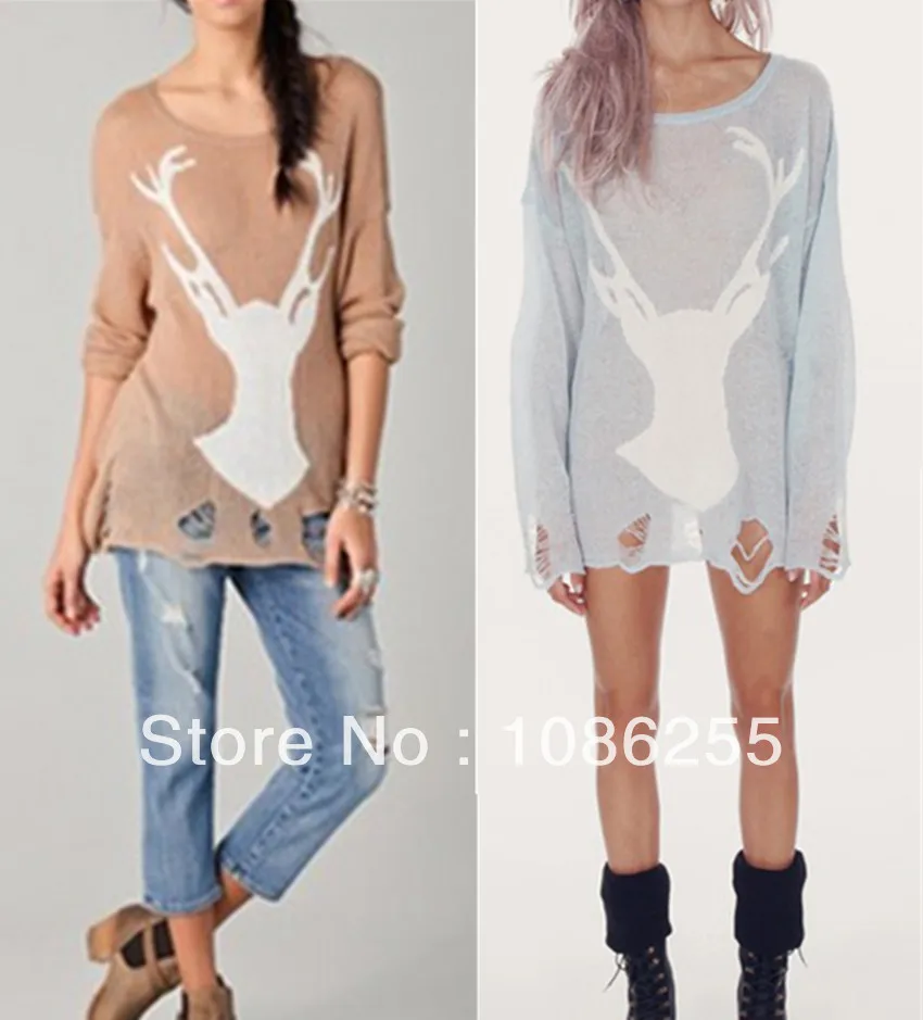 

Stylish New 2013 Autumn Hole Sweater Deer Head Fashion wildfox series of reindeer hole pattern Knitted Sweater Knitwear Tops