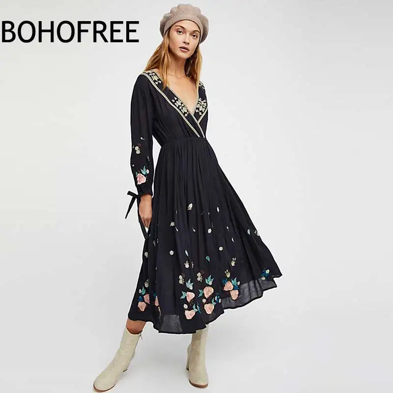 

BOHOFREE The Enchanted Forest Midi Dress Pluging V Neck Long Sleeve Hippie Cotton Autumn Dresses Mujer Boho Chic 2018 Dresses