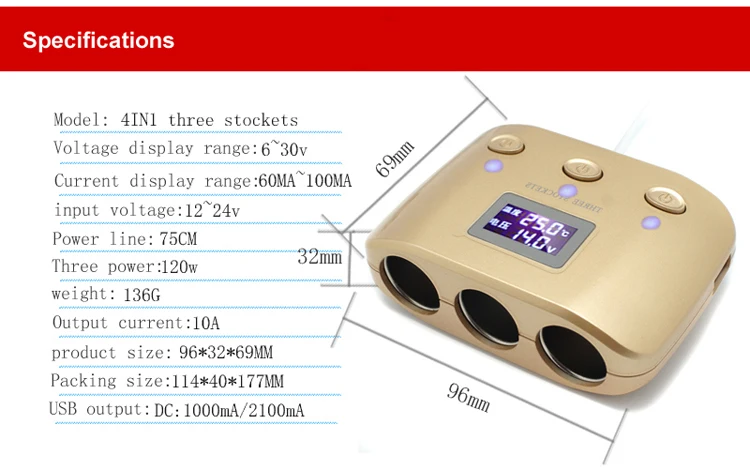 Автомобильное зарядное устройство 12 В 24 в 120 Вт 3Way Авто розетка для автомобильного прикуривателя Разветвитель 2 USB адаптер питания светодиодный экран с автономным переключателем