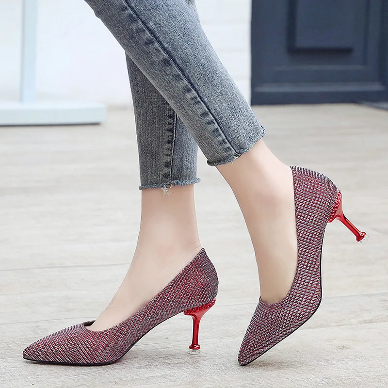 

New Women Shoes Fashion 7cm Thin High Heels Pointed Toe Slip-On Shallow Bling Casual Work Shoes Lady Wedding Female Pumps Shoes