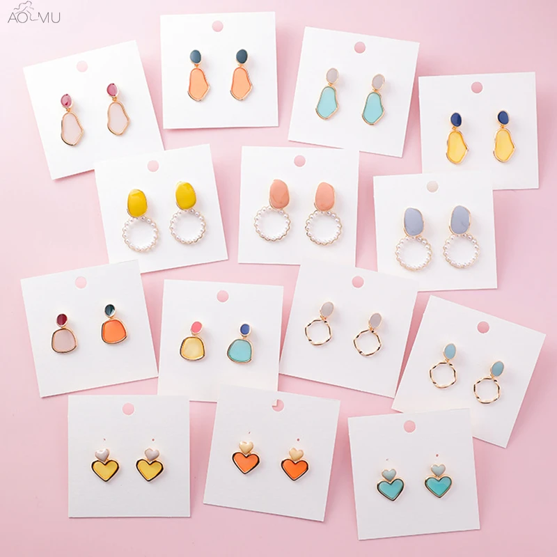 

AOMU 2019 Korea Sweet Trendy Asymmetry Colorful Enamel Heart Geometric Pearl Hollow Round Oval Drop Dangle Earrings for Women