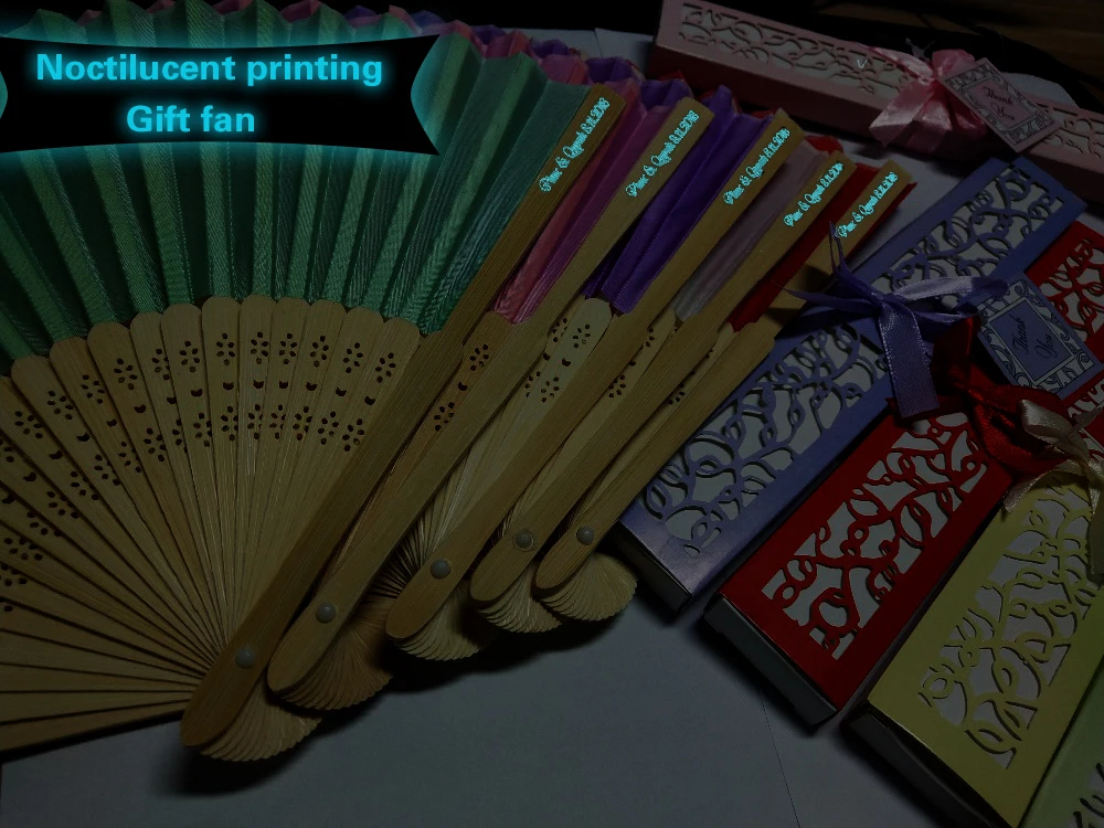 NEW Personalized noctilucent Silk Fold hand Fan in Elegant Laser-Cut Gift Box Party Favors/wedding Gifts 100 pcs/lot | Дом и сад