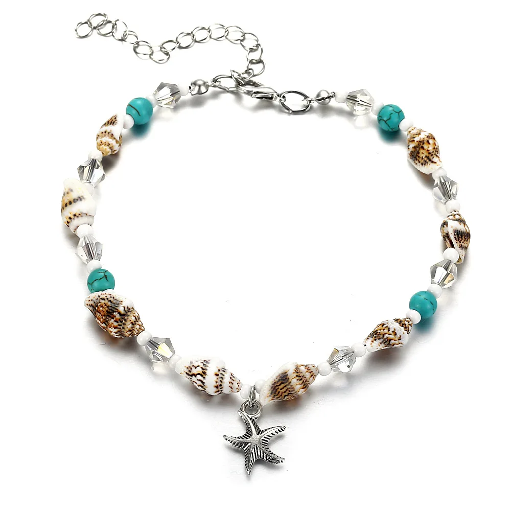 

Europe and the United States new conch rice beads yoga anklet bracelet beach starfish pendant shell crystal beads foot ornaments