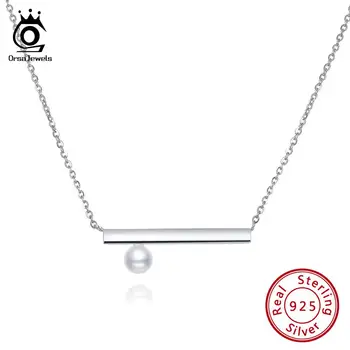 

ORSA JEWELS 925 Sterling Silver Women Pendant Necklaces Long Bar With Top Quality Shell Pearl Pendant Silver Jewelry 2019 OSN152