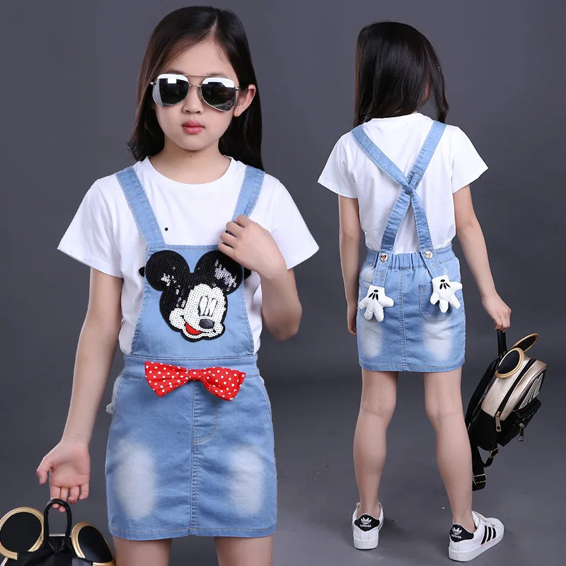 

Girls Clothing Sets Cartoon Denim Overalls For Girls Short Sleeve T-Shirt Teenage Kids Outfits Tees & Skirts 2Pcs 7 9 11 13Years