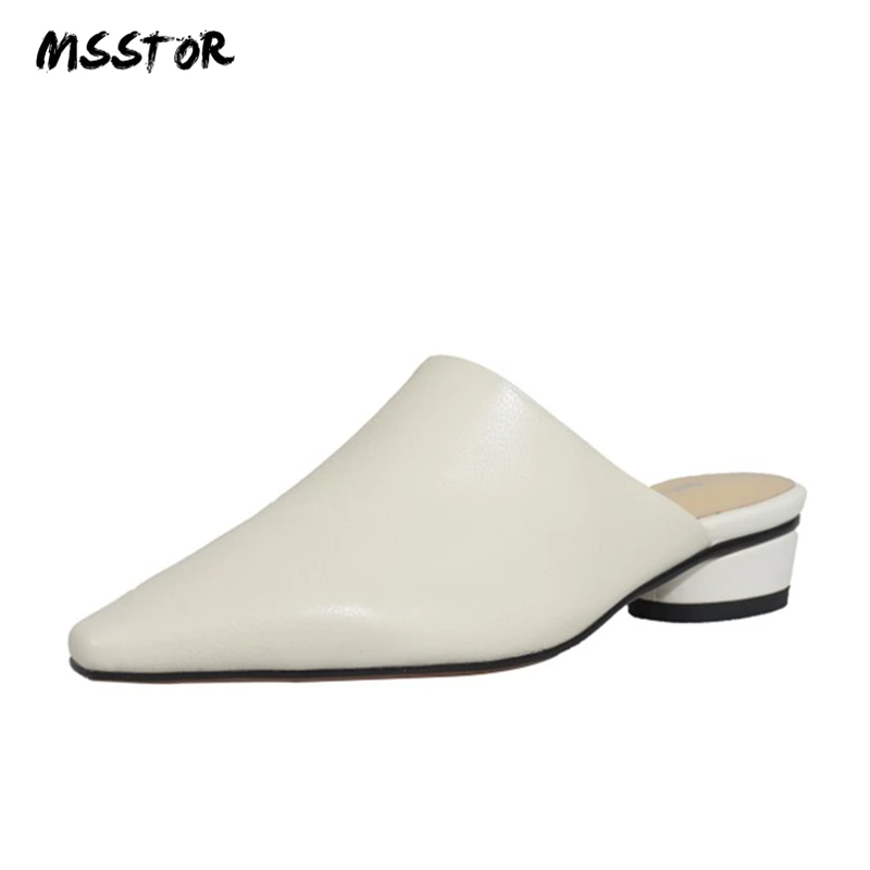 

MSSTOR Cow Leather Pointed Mules White Fashion Elegant Concise Round Heel Solid Womens Slippers Outdoor Summer Low Heel Shoes