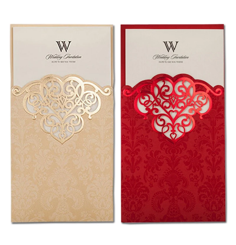  Screen Printing & Bronzing Red & Gold Laser Cut Wedding Invitations Birthday Invitation Marriage wi - 32990782883