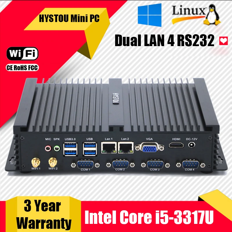 Intel Core i5 3317u промышленный ПК 1007u безвентиляторный мини Windows 10 TV Box HDMI 4 RS232 Dual NIC 2 LAN 8 USB