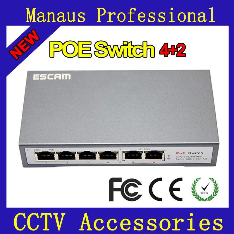 

Fast Intelligent Ethernet Switch Network 6 port 10/100Mbps with 4 port POE Switch IEEE802.3af/at DC48V 2A for IP Cameras ESCAM