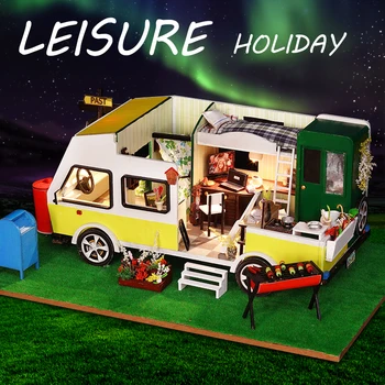 

Touring Car Miniatures Doll House Toys Children Handmade Furniture Miniaturas Dollhouse Toys Children DIY 3D Caravan Dollhouses