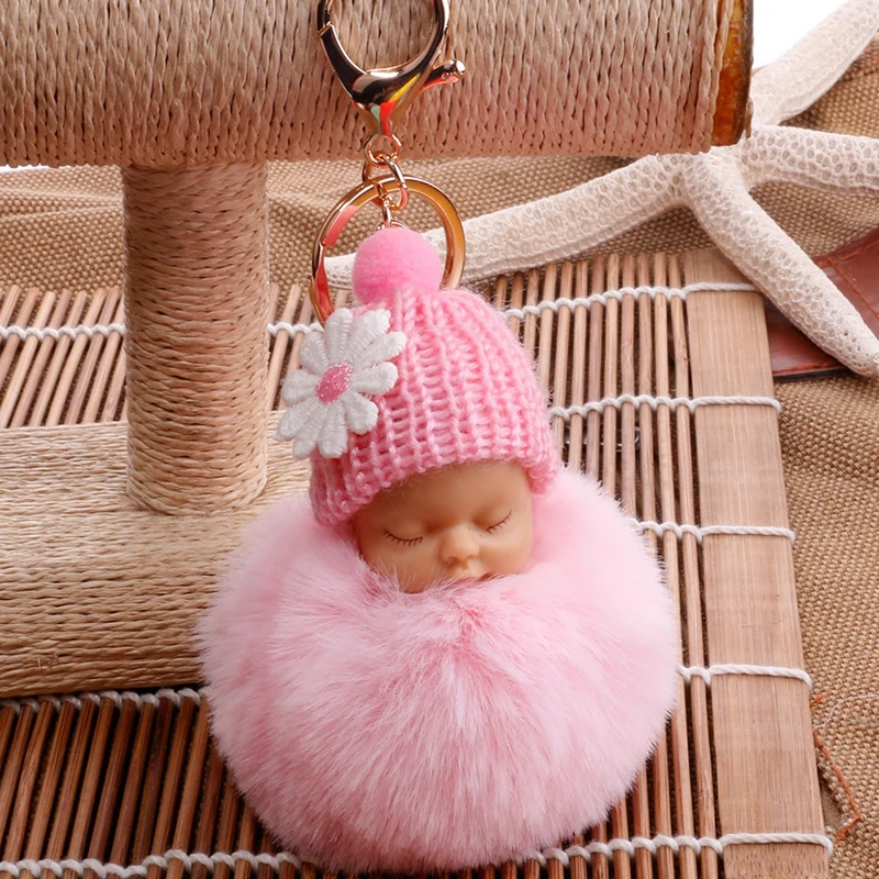 

Sleeping Baby Doll Keychain Fur PomPon Rabbit Hairball Ball Car Keyring Baby Toy Car Key Holder Bag Pendant Accessories