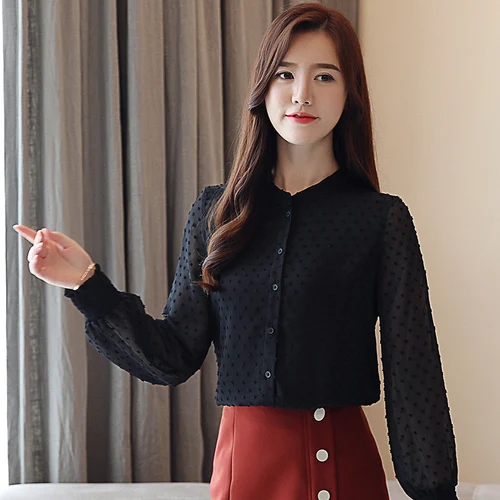 Новое поступление, женская рубашка, милая, женская, v-образный вырез, волнистая, с длинным рукавом, загара, женская блузка, корейский стиль, OL blusa 0974 30 - Цвет: Черный