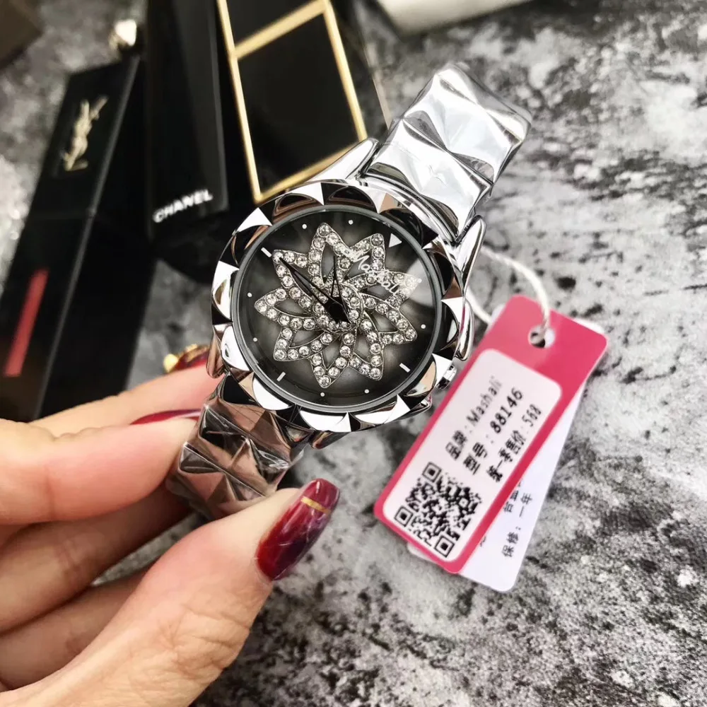 

Fashion Crystal Floral Spinning Watches for Women GOOD LUCK Rotating Gift Wrist watch Full Steel Bracelet Watch Quartz 2 Sizes