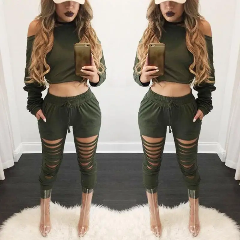 Women Sexy Two Piece Set Tracksuit Top And Hole Pants Ladies Women Sexy Two Piece Set Tracksuit Top And Hole Pants Ladies