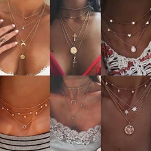 Nowy wielowarstwowy kryształowy księżyc naszyjniki i wisiorki dla kobiet Vintage charm złoty naszyjnik typu choker naszyjnik 2019, hurtownia biżuterii
