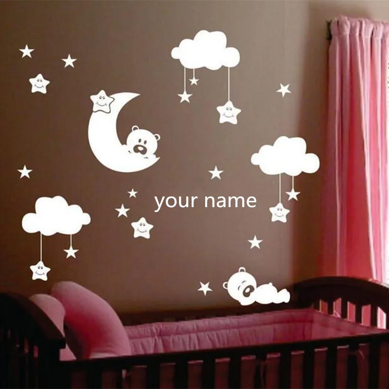 

W238 Moon and star vinyl wall stickers for nursery room Personalized Name cute smiling stars with white clouds baby room decor