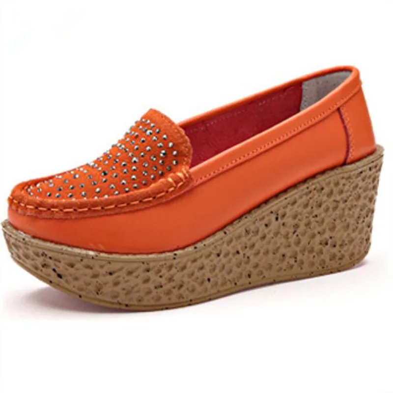 Femme jaune Véritable Hauts Pente Confortable forme Mode Bleu orange De Avec À Nouveau Cuir Strass Plate Femmes Chaussures 2018 En Élégant Talons Des 6fqBwwT