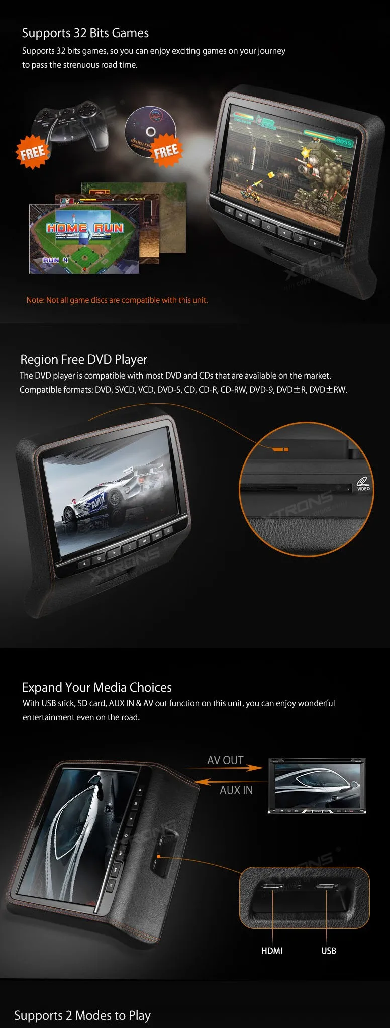 Clearance XTRONS 9 inch HD Digital TFT Screen Leather slim Styled Car Headrest DVD Player with HDMI Port car stereo 7