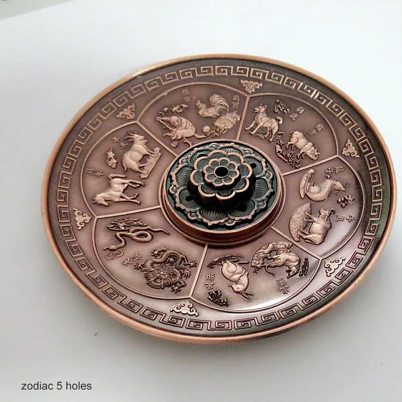 Печь благовония база ладан палочка красная бронза Дракон шаблон держатель 12 Китайский Зодиак тарелка-кадило свечи для ароматерапии - Цвет: zodiac 5 holes