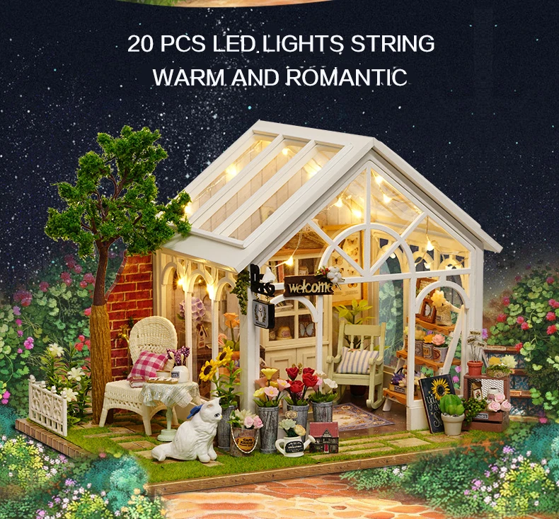 Casa em Miniatura com Móveis Blocos de Construção Brinquedos para Crianças Casa de Boneca Cutebee Faça Você Mesmo Música Poeira Capa Modelo A68 Led 18 led música poeira capa modelo blocos de