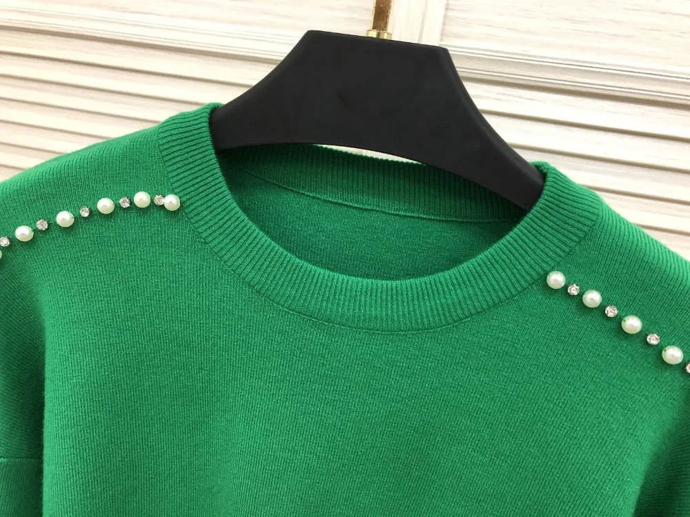 Новинка, европейский стиль, женский свитер, круглый вырез, длинный рукав, пуловеры, индивидуальность, бисерные рукава, вязанные топы, зеленый, черный свитер