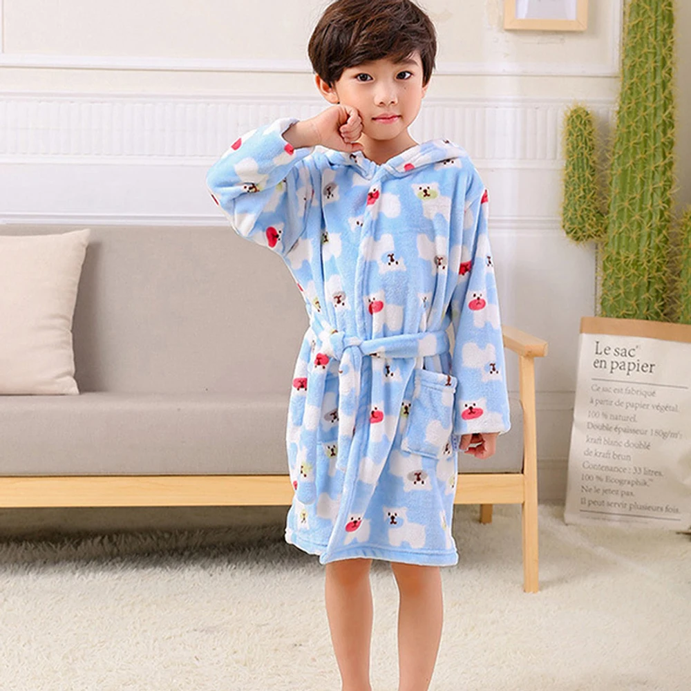 Kids Boys Girls Hooded Bathrobe Flannel Sleeve Pajamas Cartoon Animal Belt Sleepwear Autumn Winter Warm Housecoat with Pocket