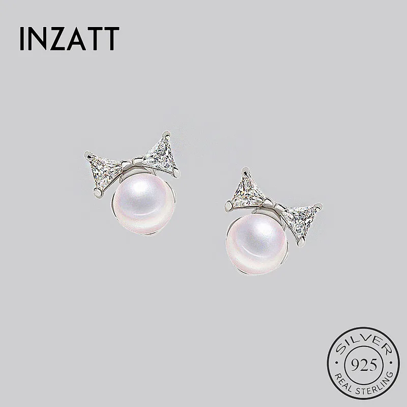 

INZATT Romantic Natural Round Pearl Crystal Zircon Bow-knot Stud Earrings 925 Sterling Silver For Elegant Women Fine Jewelry