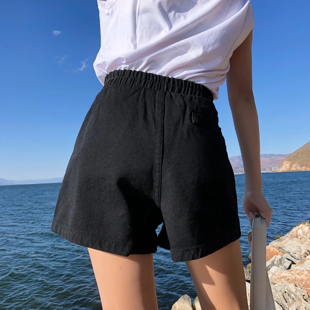 Уличная Летняя женская джинсовая шорты 2019 Новое поступление высокая эластичная талия широкие шорты джинсы черные синие белые розовые