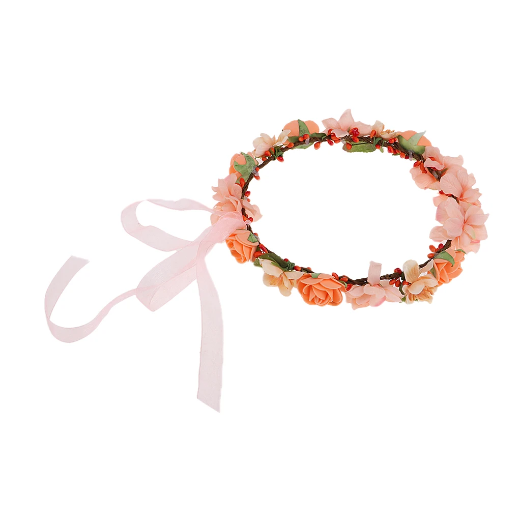 Women Ladies Orange Flower Headband Crown Wedding Bridal Hair Wreath Floral Garland Summer Beach Travel Hair Accessory