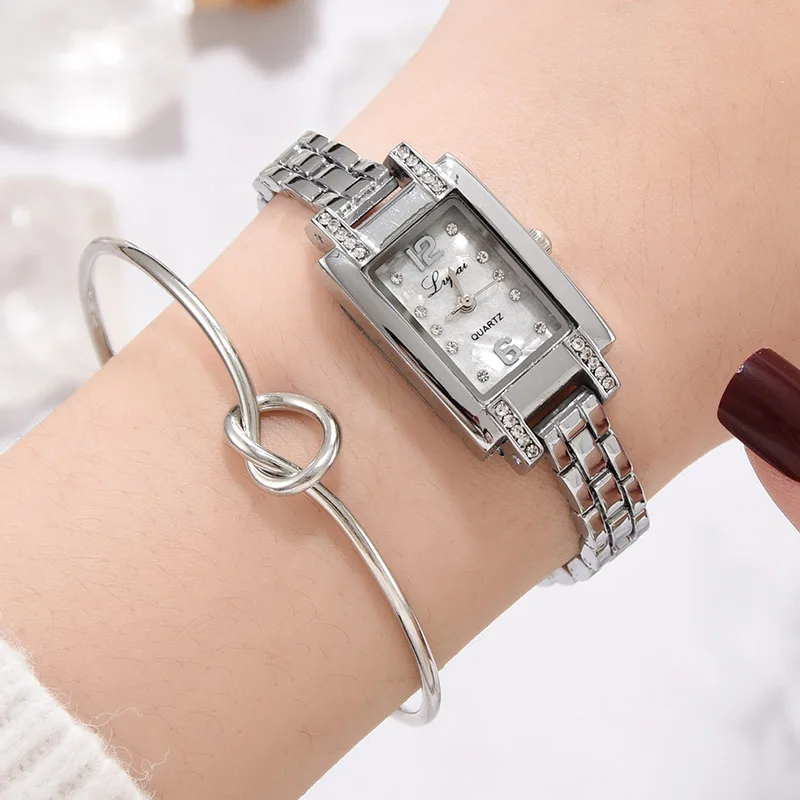 

Women Quartz Watch Bracelet Set with Rectangle Dial Knot Open Cuff Bracelet KQS8
