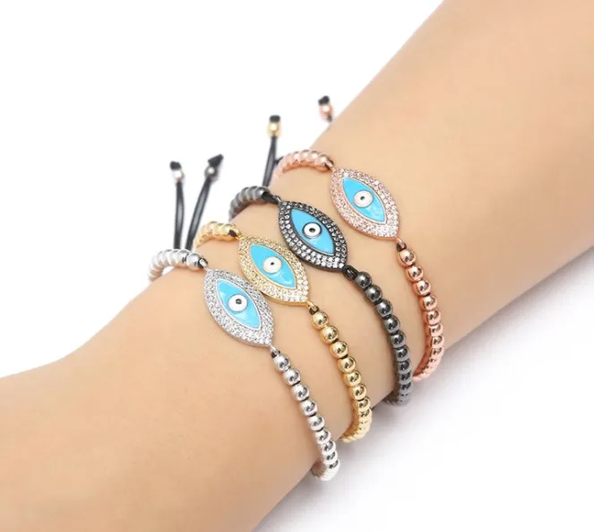 Золото Серебро Микро-паве cz кубический цирконий веревка отрегулированный браслет из медного бисера gj56 Турецкий Дурной глаз Шарм плетеные браслеты
