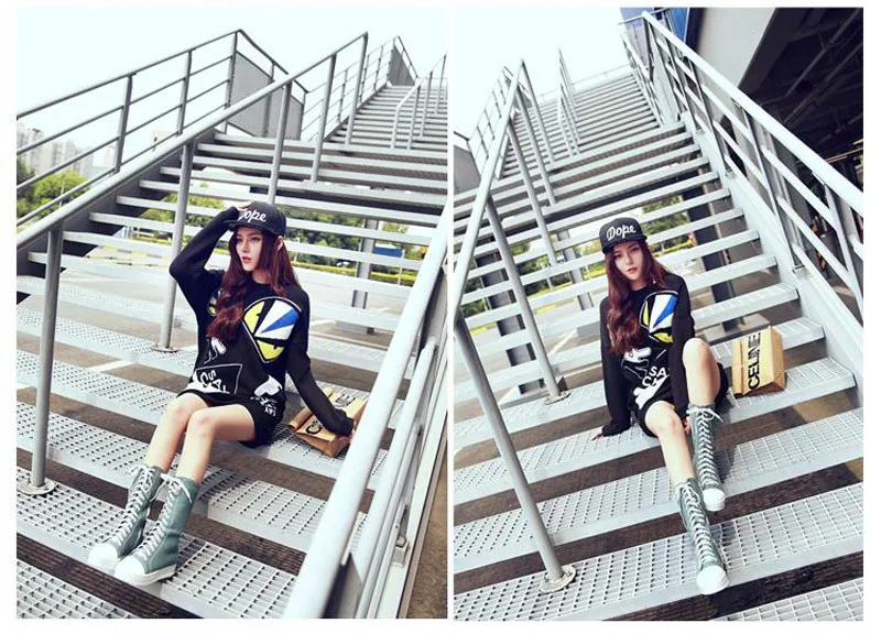 Fashion Canvas Lace Up Women Knee High Boots Round Toe Short Plush Women Snow Boots Tall Punk Casual Flat Platform Shoes Boots (13)