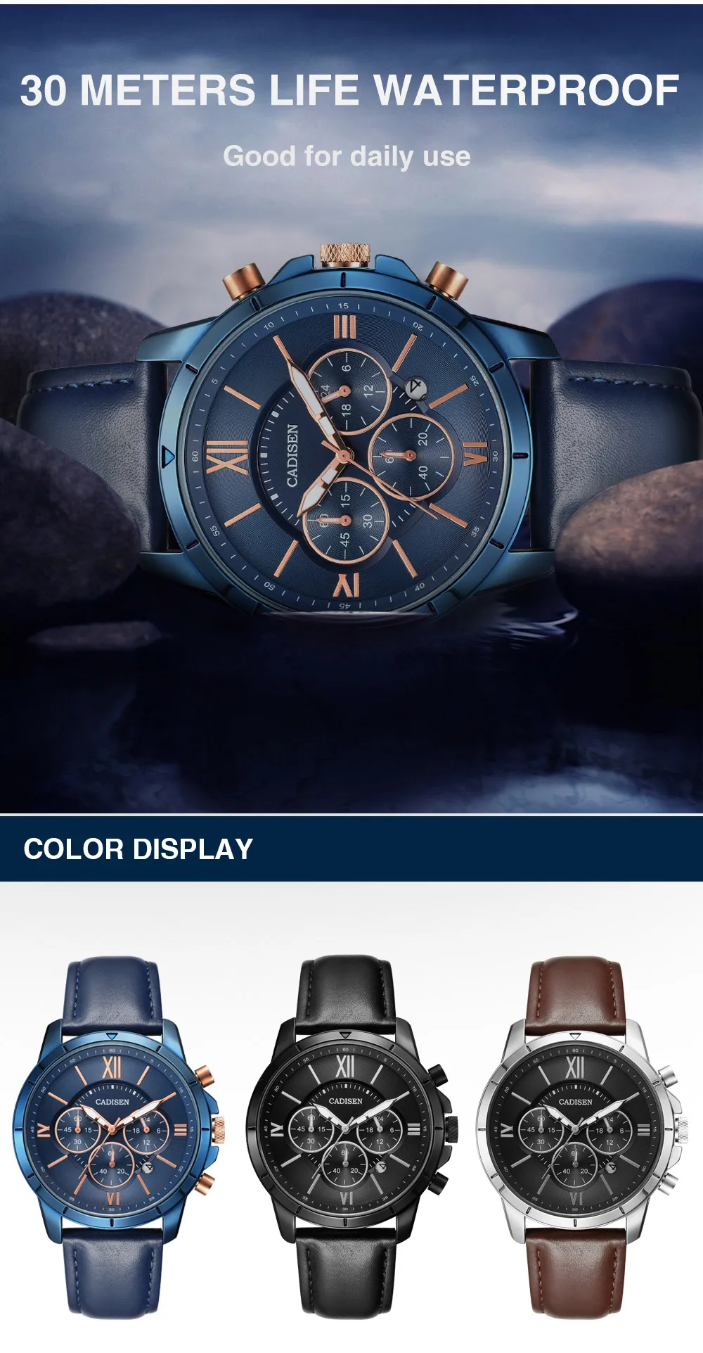 CADISEN хронограф бизнес часы повседневные модные мужские часы спортивные светящиеся наручные часы водонепроницаемые часы Манн relogio masculino
