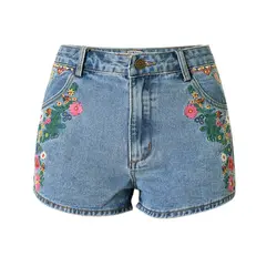 2019 новый цветок короткие джинсы с вышивкой тонкий высокая талия Шорты Повседневная boho синий деним для женской женский винтажный этно стиль