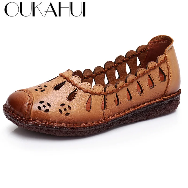 

OUKAHUI High Quality Handmade Genuine Leather Shoes Women Flats Summer Hollow First Layer Cowhide Shallow Slip-On Shoes Woman