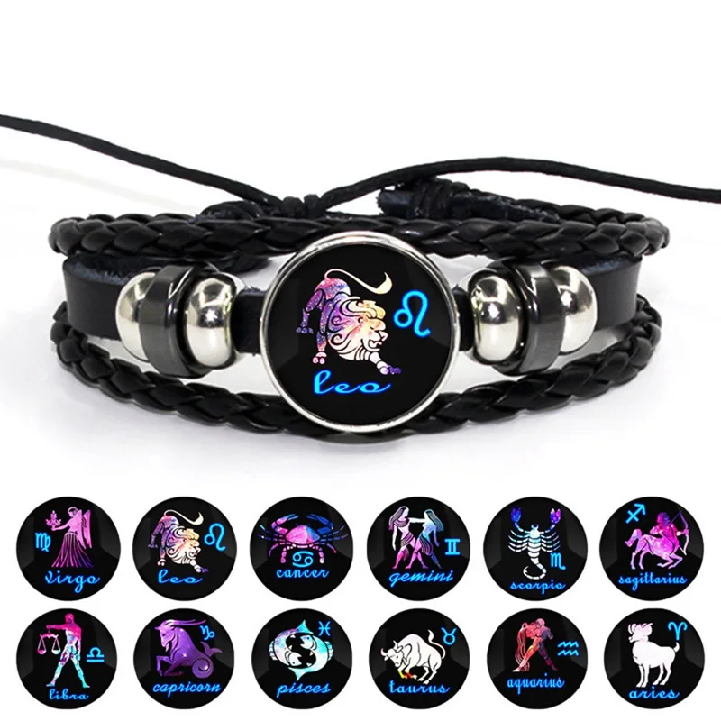

2019 Twelve Constellation Bracelet Hand-woven Beaded Retro Leather Zodiac Sign Beads Bangle Bracelets For Women Men Jewelry Gift